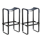 Pair of blue and black metal stools without a backrest.