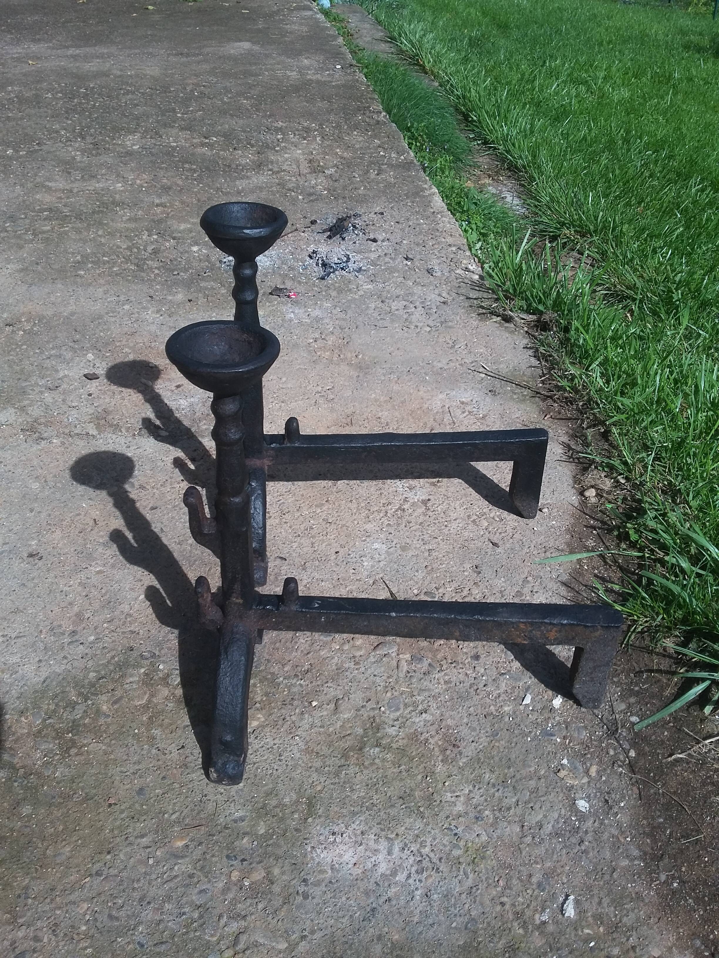 Pair of Small Fireplace Andirons with Bowls