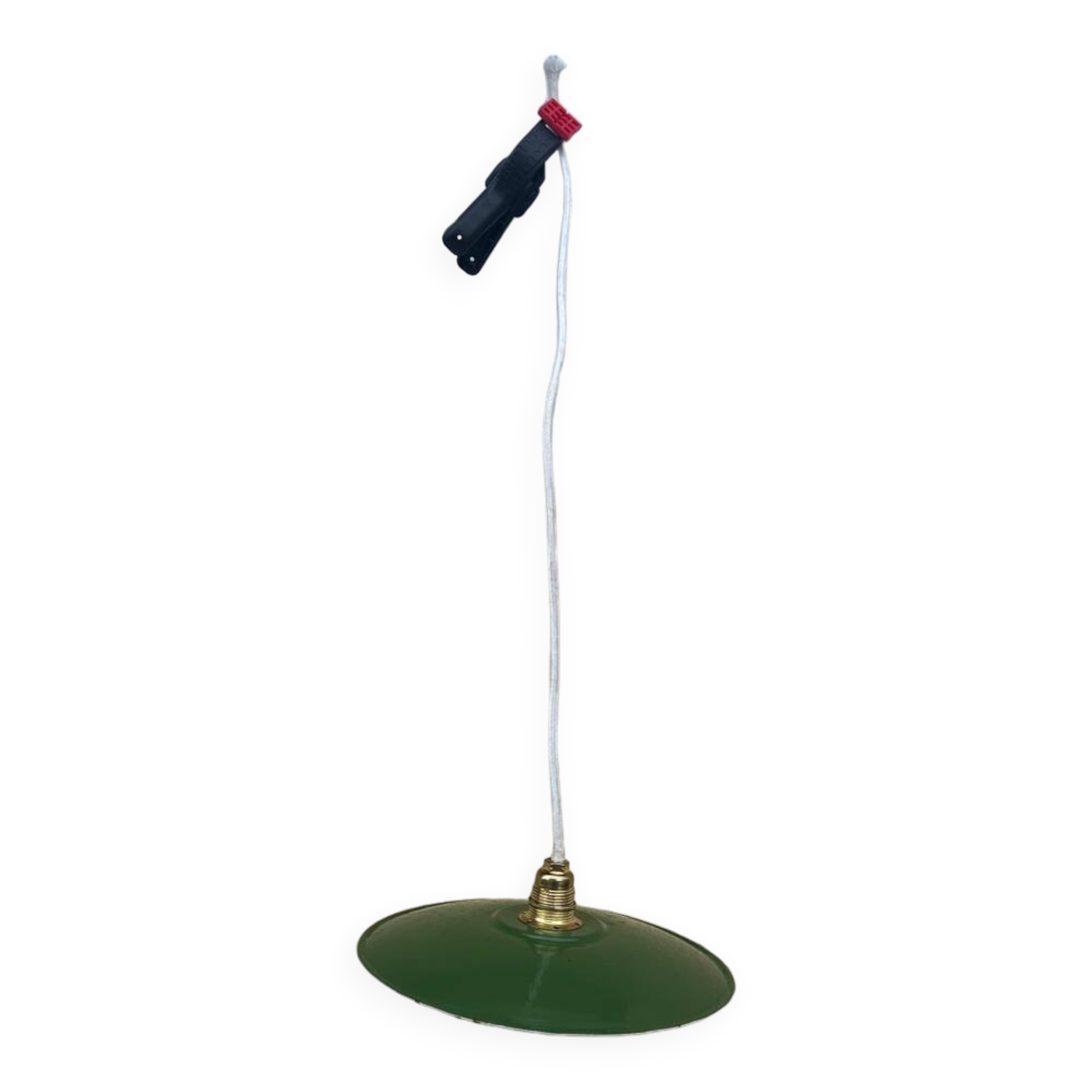 Vintage pendant light with green and white enamelled sheet metal lampshade and LED electricity