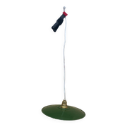 Vintage pendant light with green and white enamelled sheet metal lampshade and LED electricity