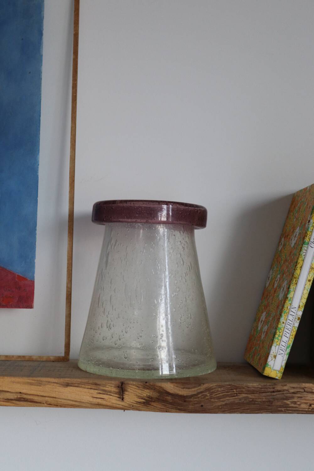 Vintage mauve neck blown glass bubble conical vase