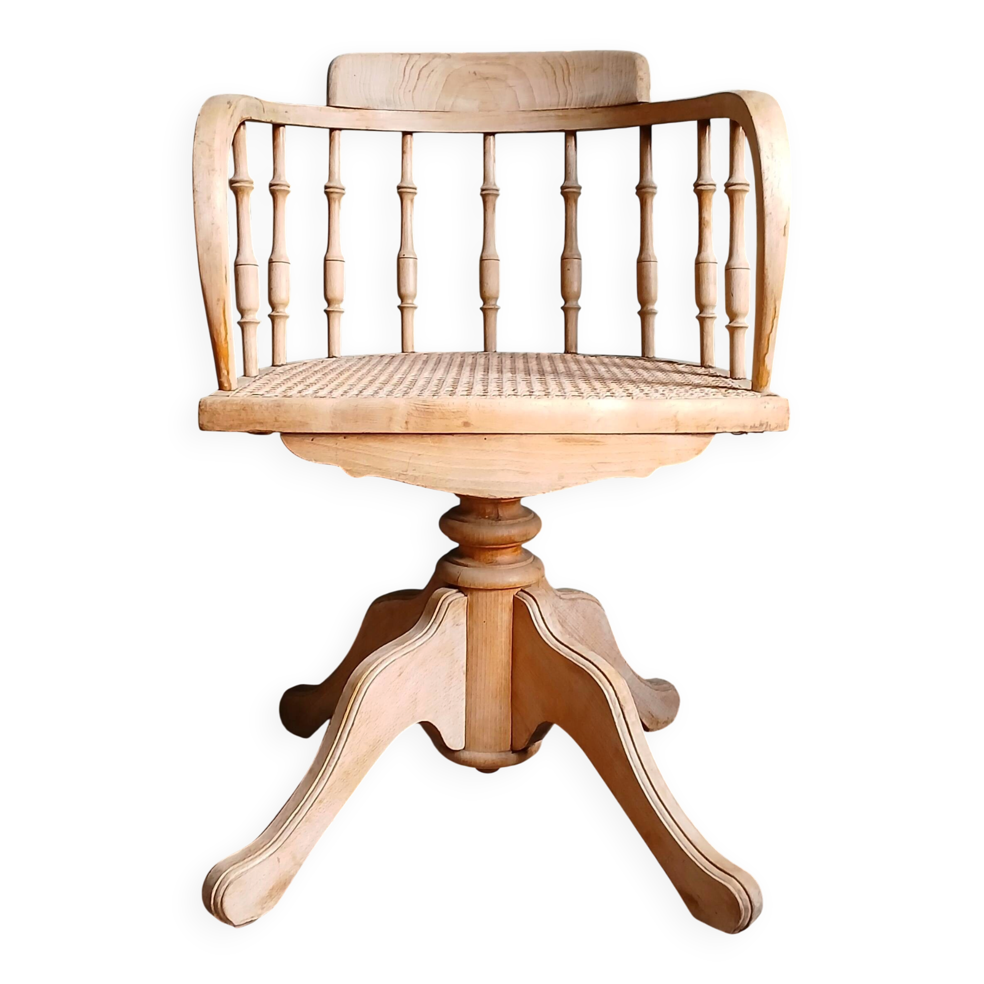 Fauteuil de bureau américain "capitaine" en chêne & cannage, vers 1900