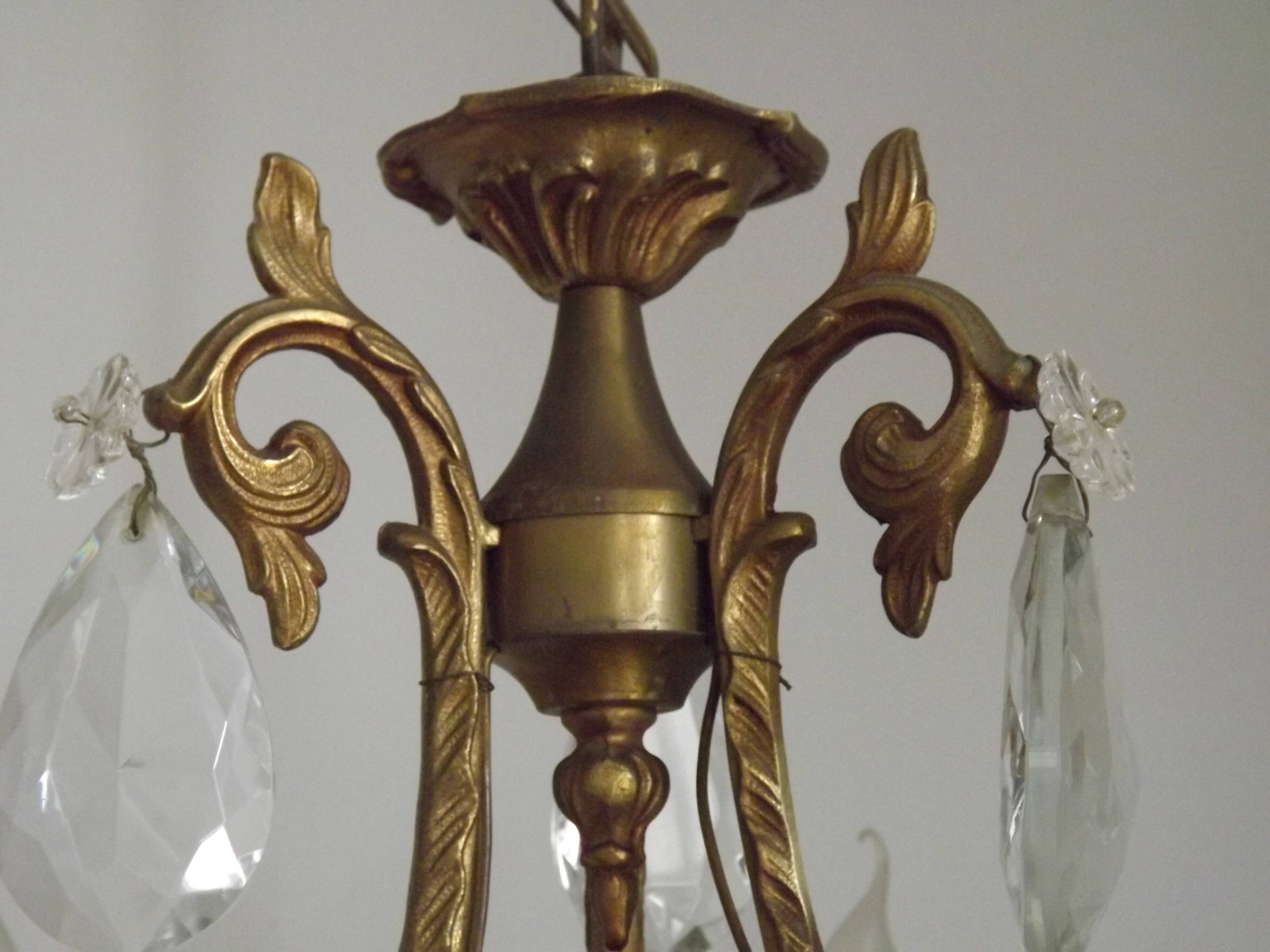 Large French Art Nouveau Acanthus 6 Light Bronze & Crystal Cage Chandelier