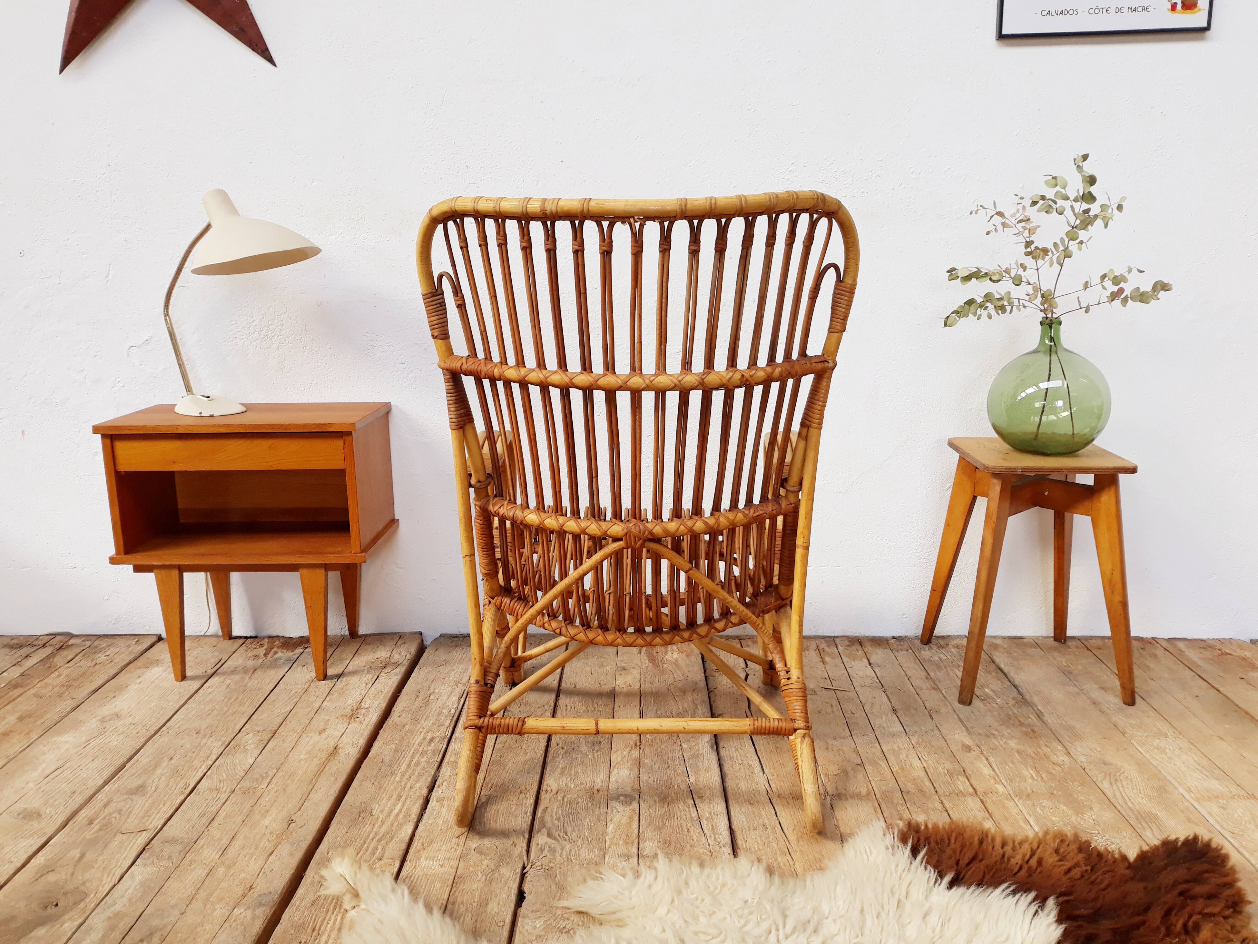 Louis Sognot vintage rattan armchair