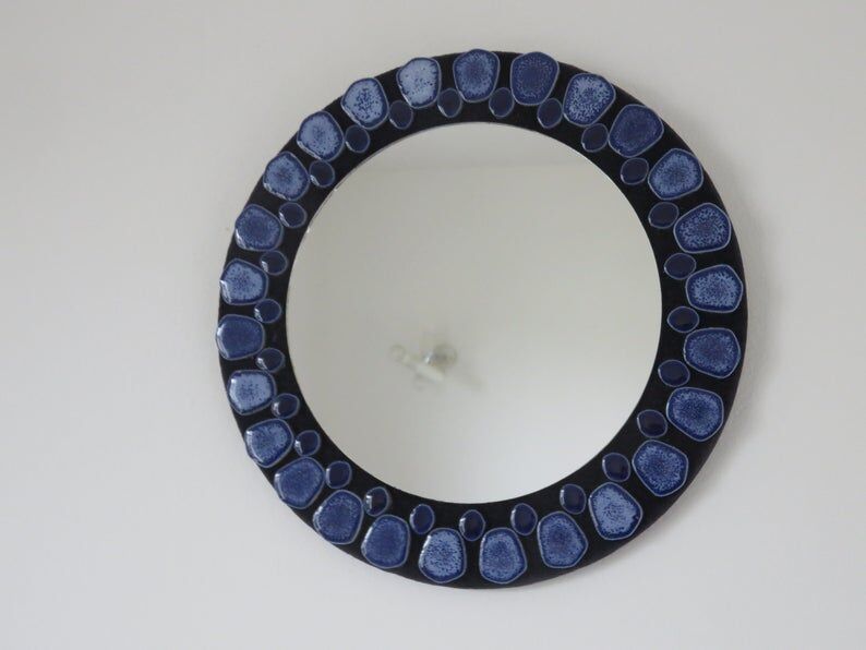 Blue ceramic round mirror 60 70s
