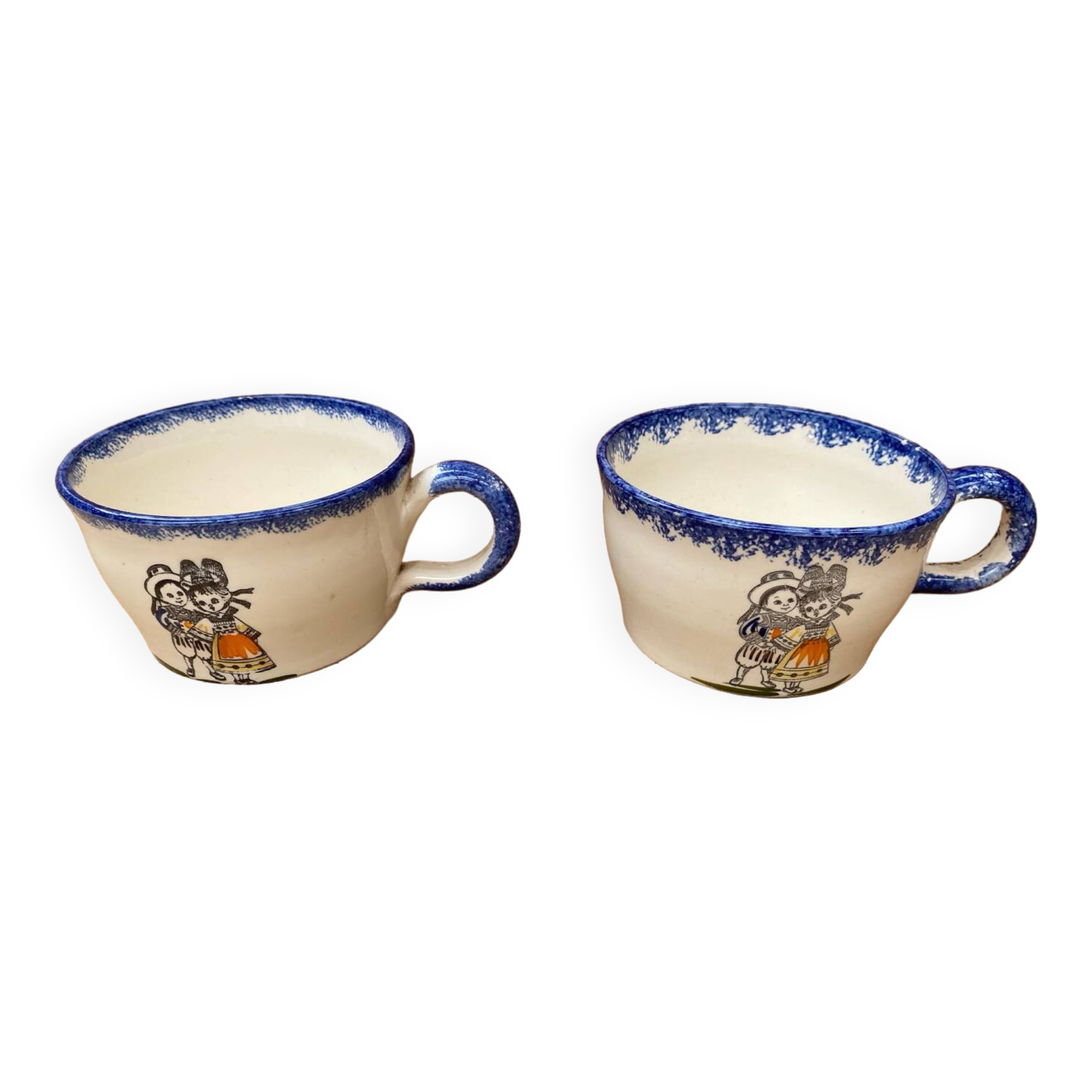 Pair antique quimper cb ceramic beige blue france cup #b287