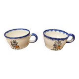 Pair antique quimper cb ceramic beige blue france cup #b287