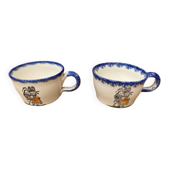 Pair antique quimper cb ceramic beige blue france cup #b287