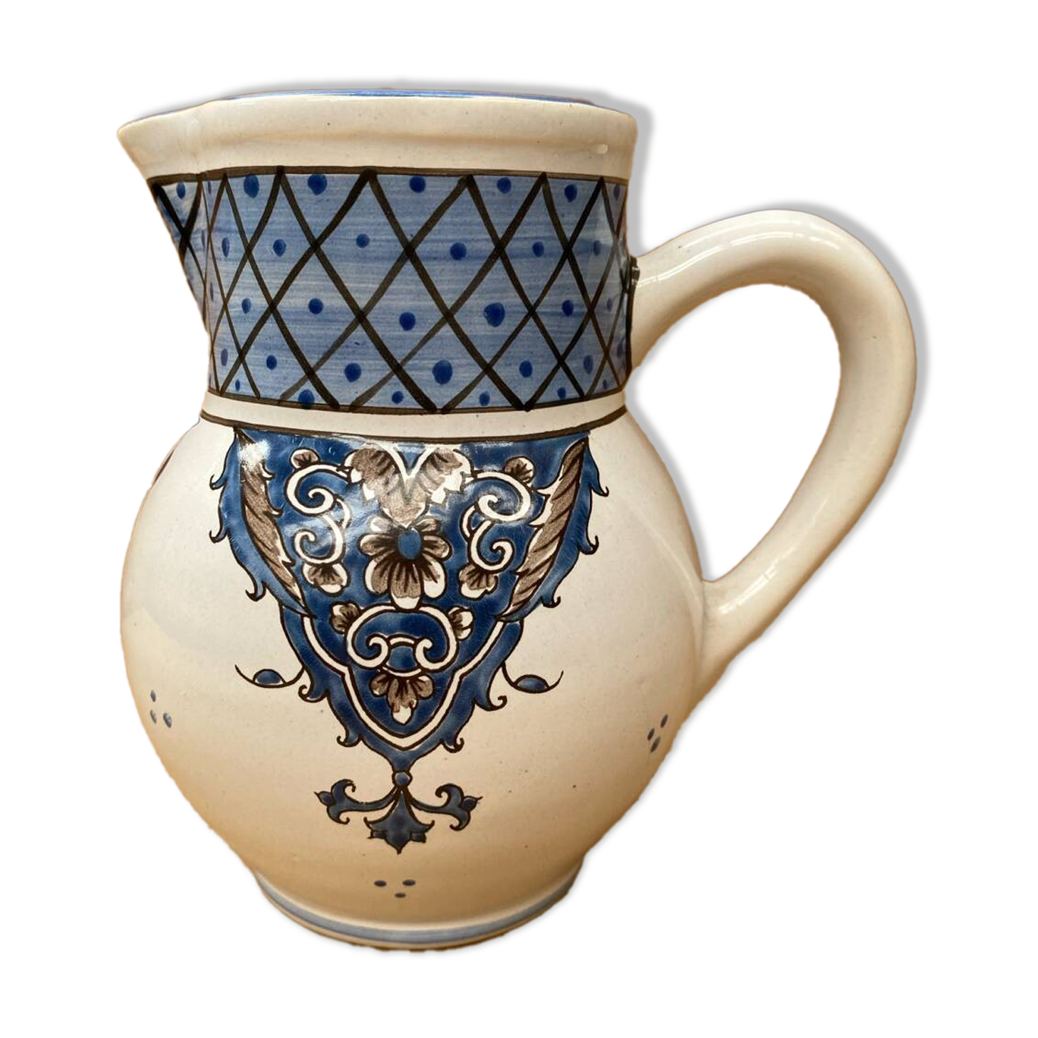 Antique Nevers Style Pitcher White Ceramic Blue Painted Decor Vintage #B630