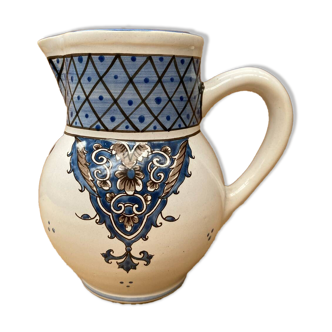 Antique Nevers Style Pitcher White Ceramic Blue Painted Decor Vintage #B630