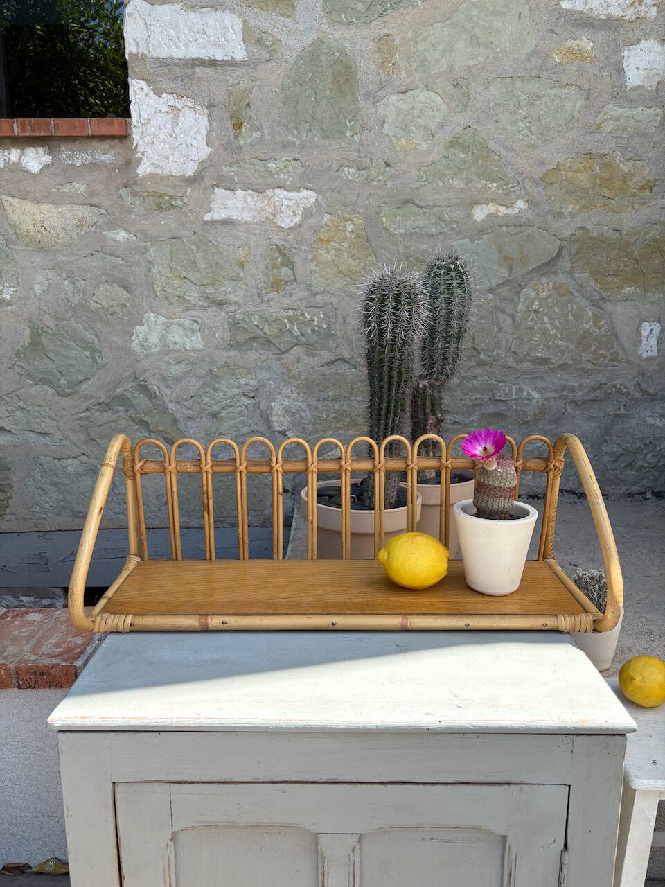 Superb and rare vintage rattan shelf.