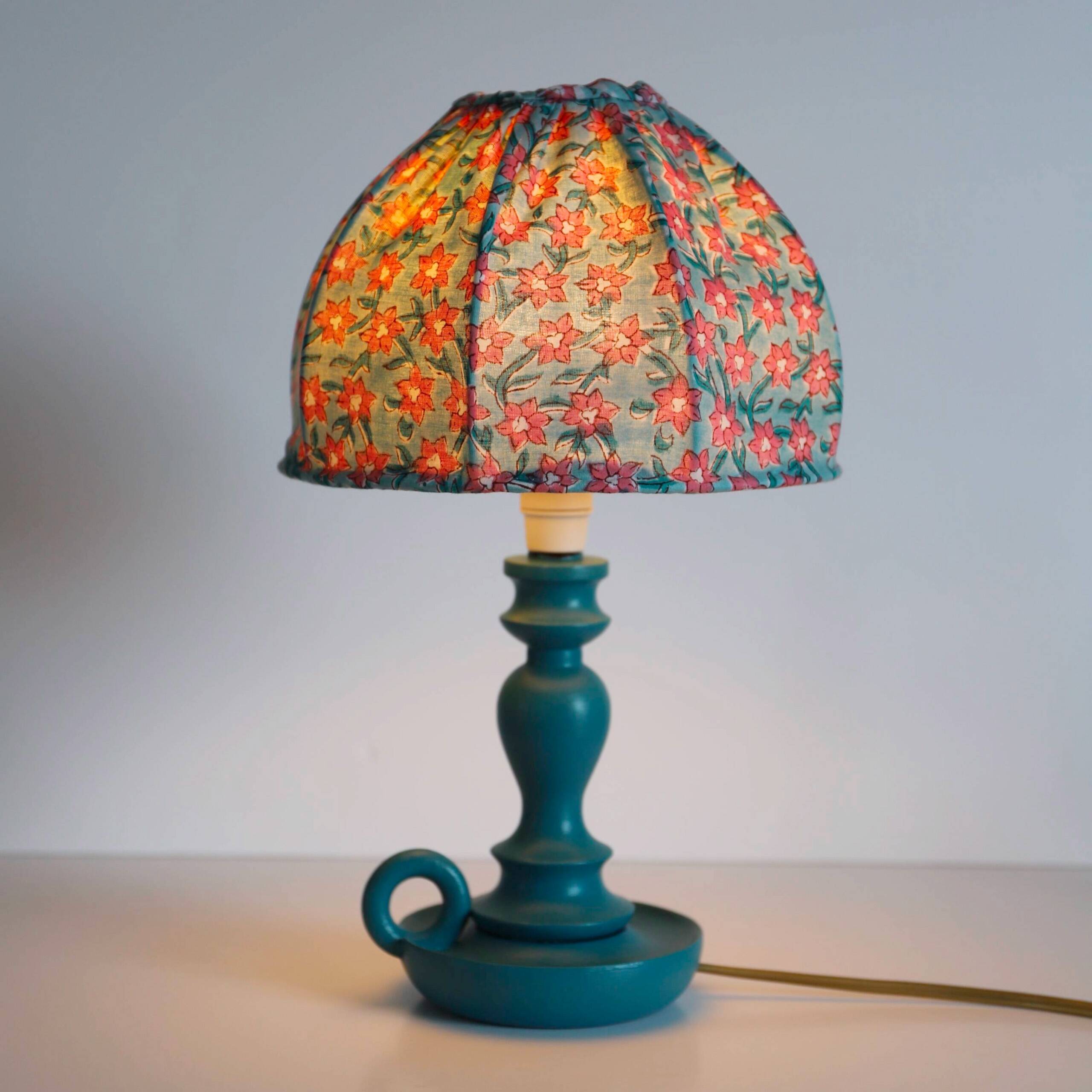 Small old candlestick lamp with hand-stitched flowered lampshade
