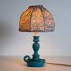 Small old candlestick lamp with hand-stitched flowered lampshade