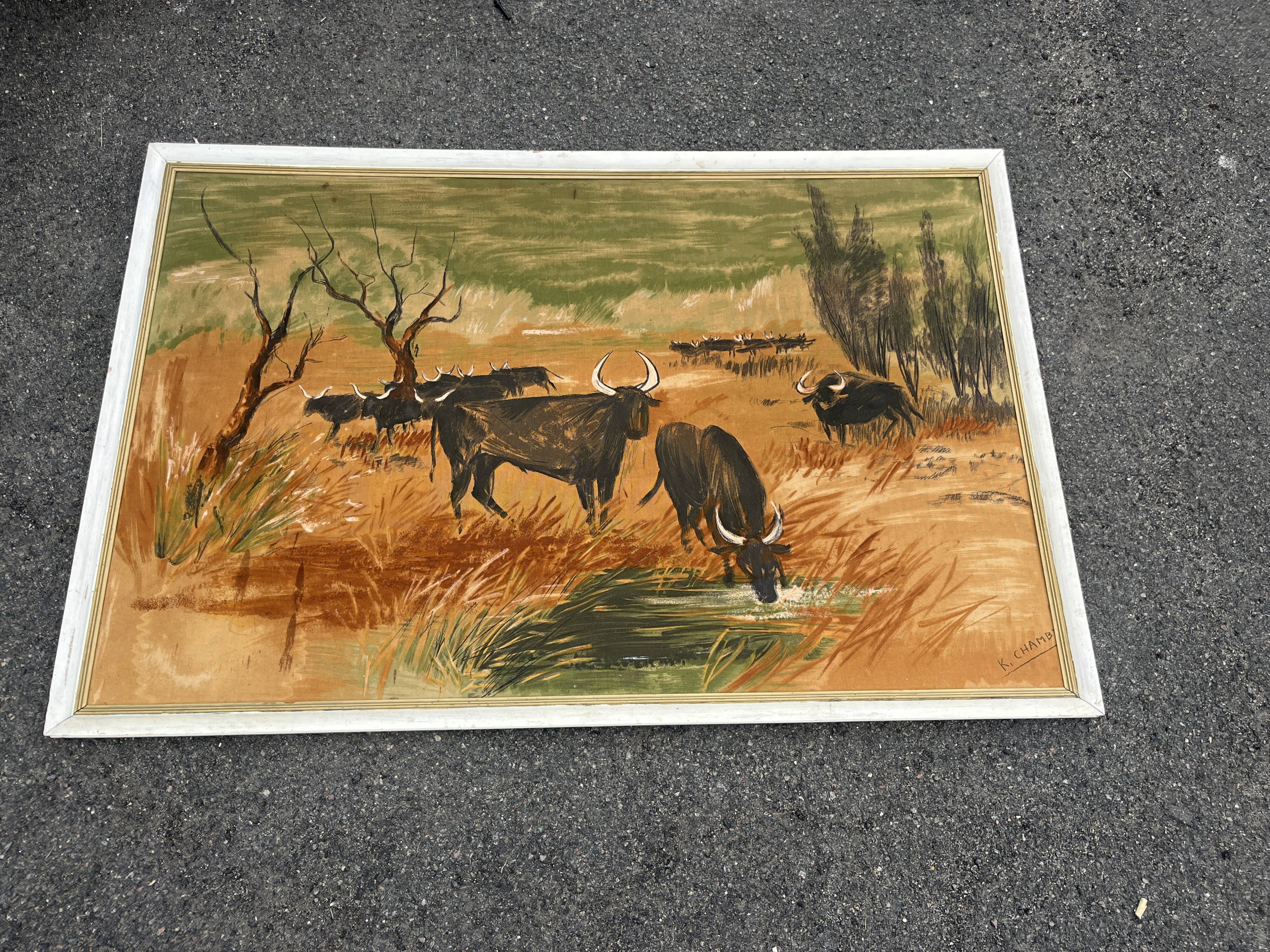 Large old painting signed K. Chamby - Scene of bulls / manade in Camargue