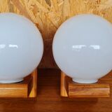 Pair of pine and opaline wall lamps