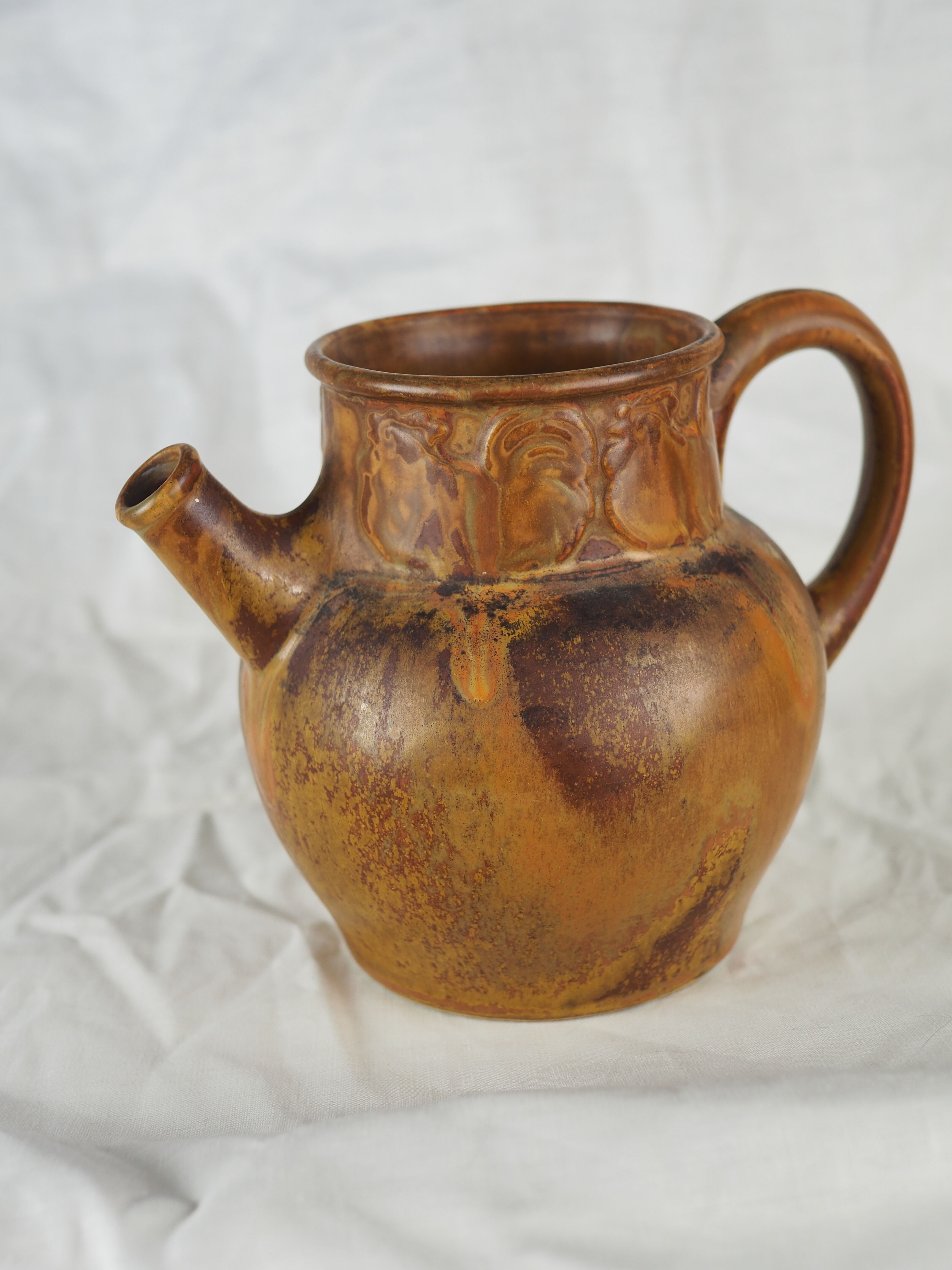 Rooster frieze pitcher, glaze with warm brown drips, ochre and volcanic - Denbac - 30s