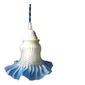 Baladeuse Tulipe en verre dépoli, liseré bleu azur – Vintage 1950