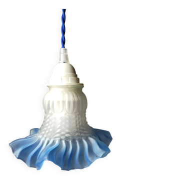 Baladeuse Tulipe en verre dépoli, liseré bleu azur – Vintage 1950