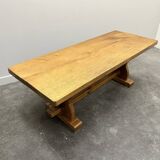 Vintage large French blonde oak monastery dining table, 1960s.