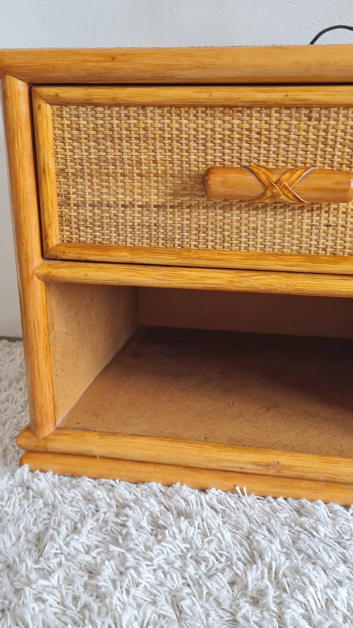 Pair of vintage rattan bedside tables from the 1970s.