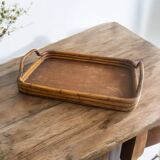 Vintage wooden and rattan tray with bamboo handle, bohemian style, wabi sabi, year