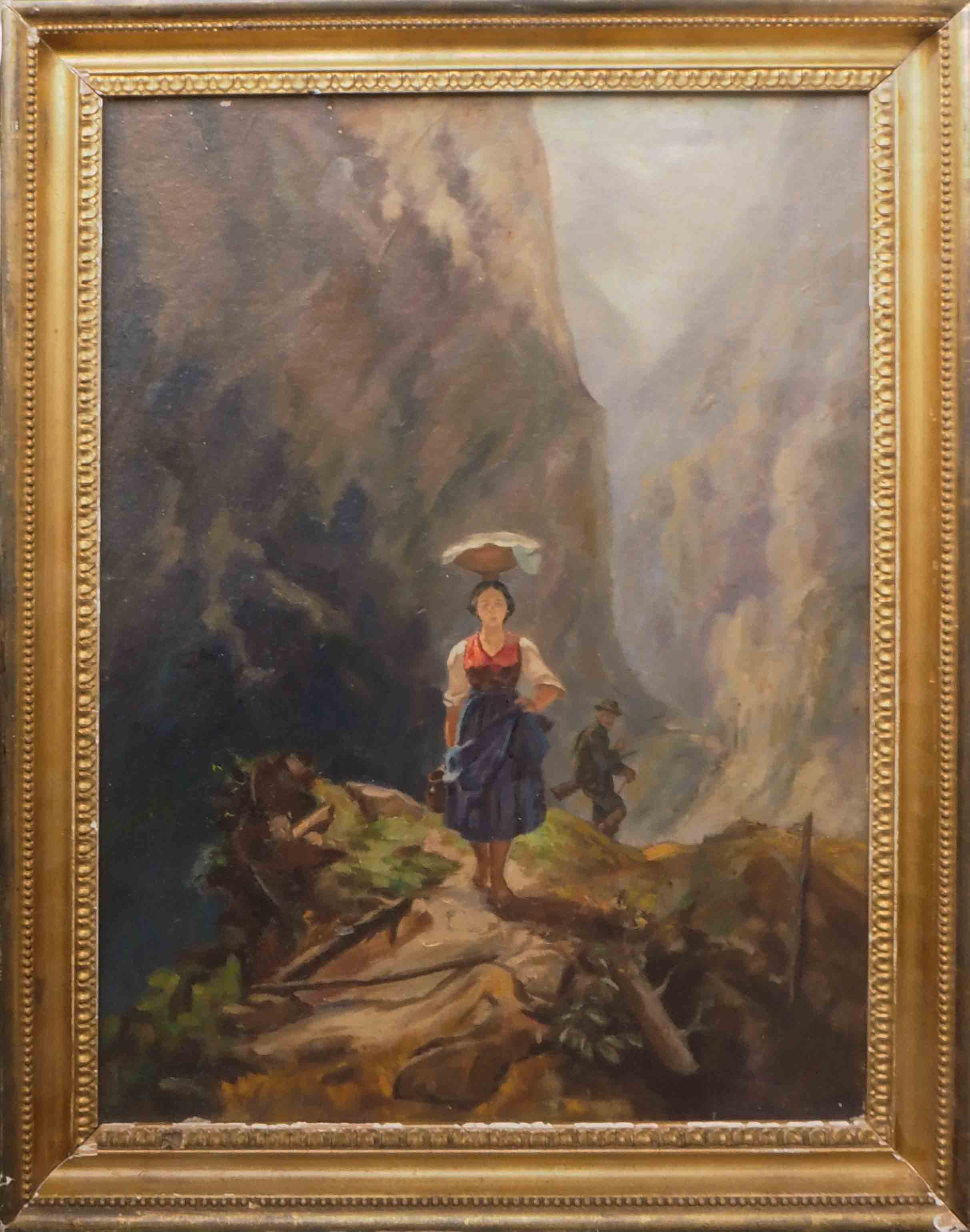 Tableau Scène de montagne avec personnages chasseur porteuse d'eau XIX°