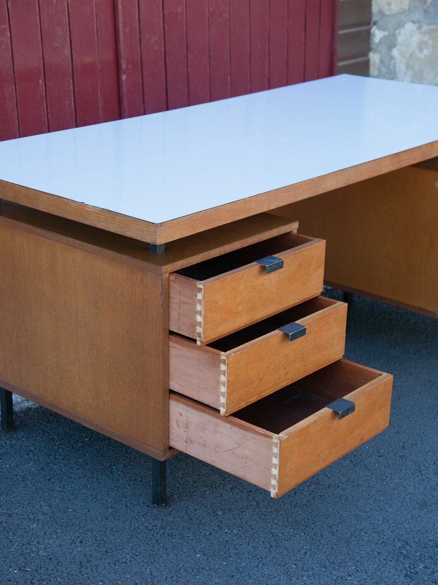 Wood desk and black metal structure with melamine top, Charron Edition, large office 2 boxes