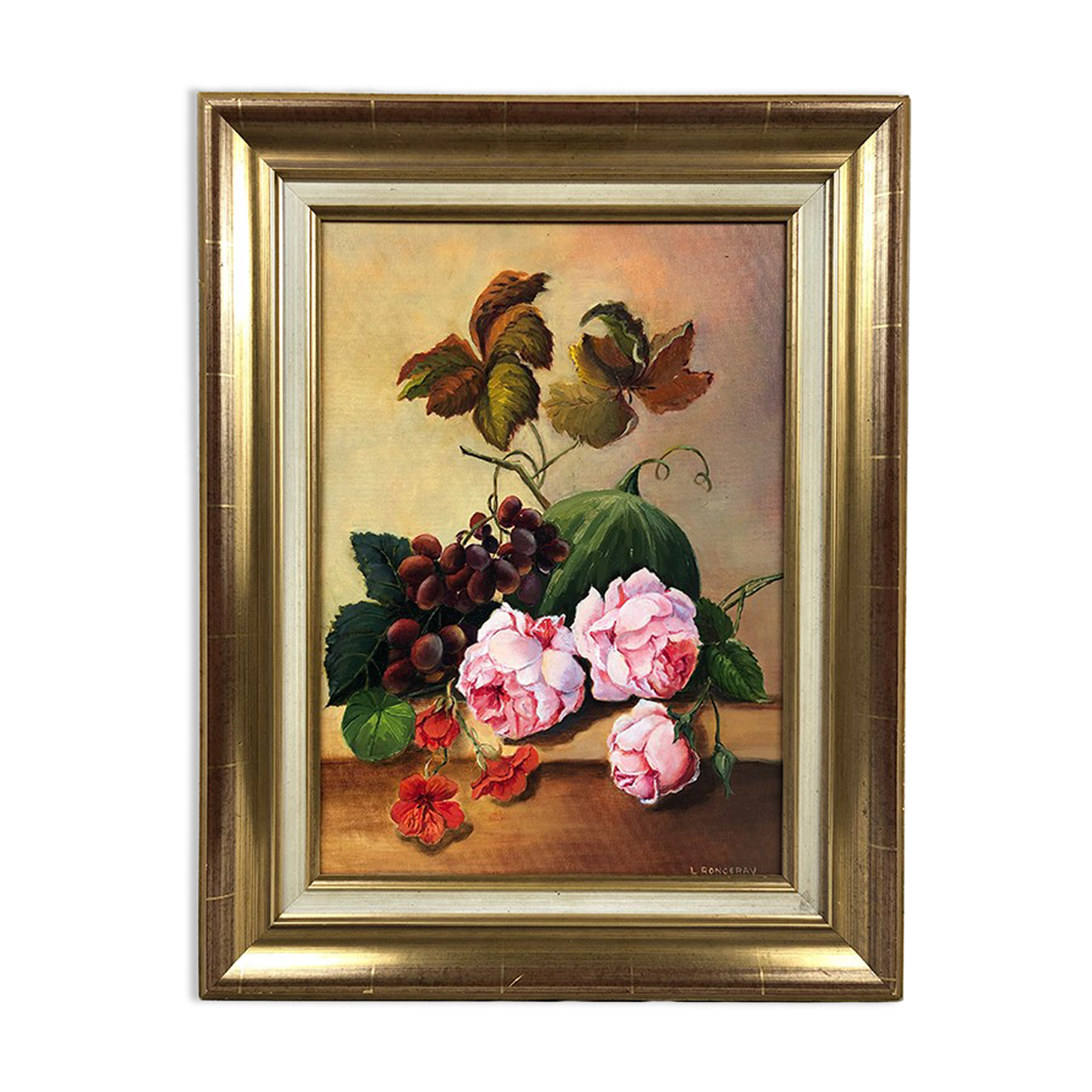 Flowers and fruit, oil on cardboard in 20th century