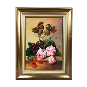 Fleurs et fruits, huile sur carton