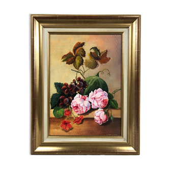 Fleurs et fruits, huile sur carton entoilé XXe