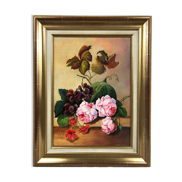 Fleurs et fruits, huile sur carton entoilé XXe