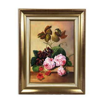 Flowers and fruit, oil on cardboard in 20th century