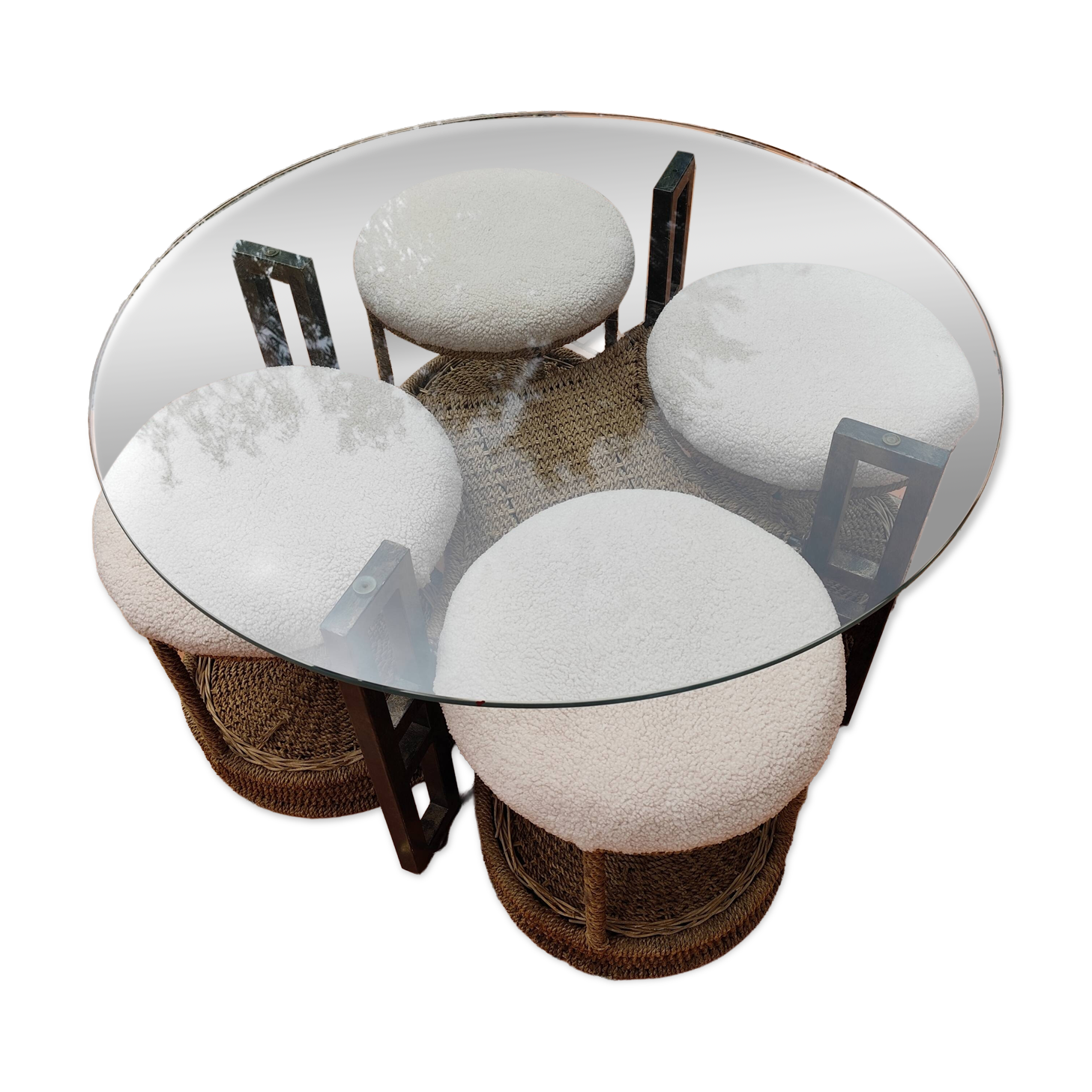 Vintage 1970s rope & rattan coffee table and 4 stools