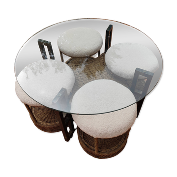 Vintage 1970s rope & rattan coffee table and 4 stools