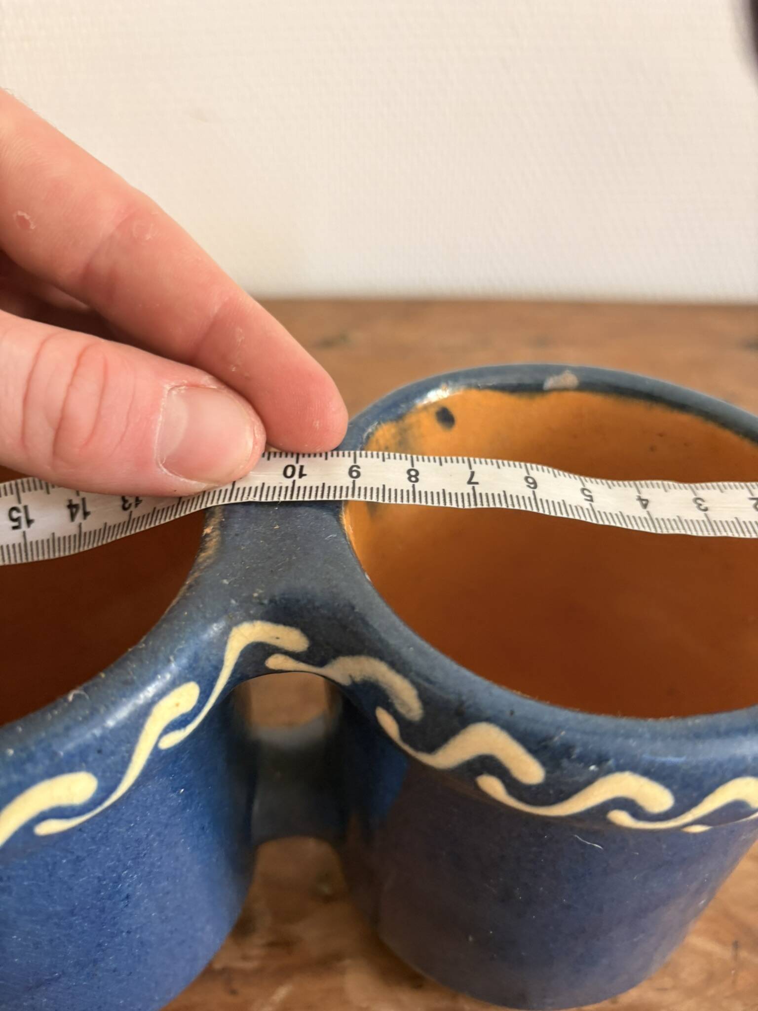 Double Pot Pottery Ceramic Terracotta Blue Bird Alsace Twisted Handle