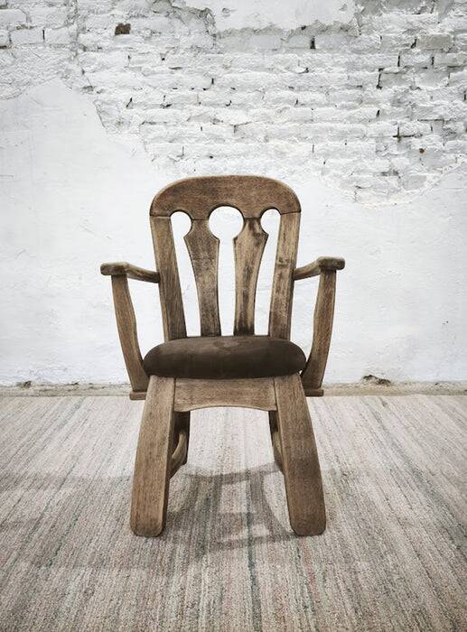Dutch brutalist solid oak armchair with reupholstered leather seat, 1970s