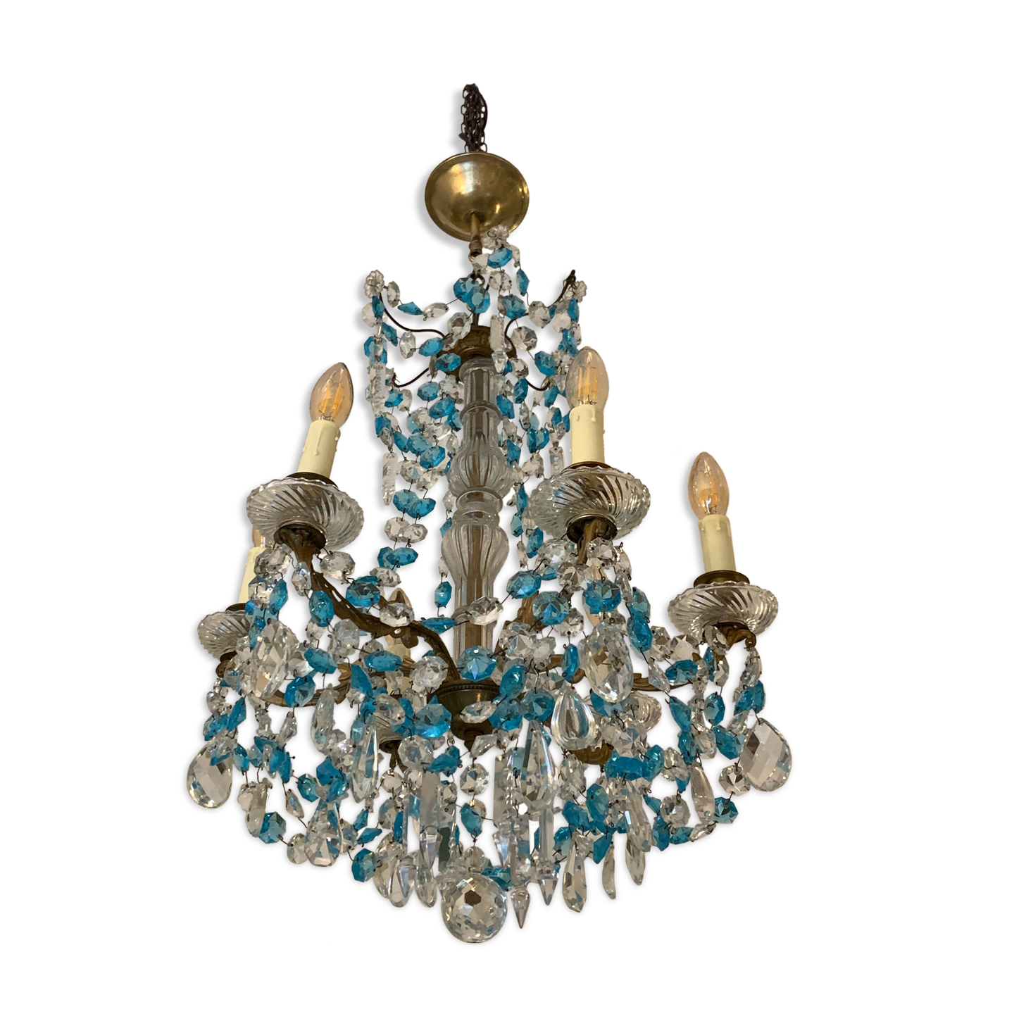 Chandelier with blue crystal pimples, 6 lights, Baccarat, 1950, art nouveau style