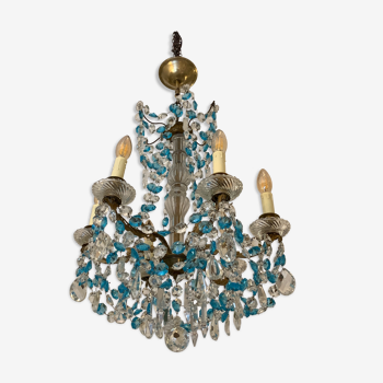 Chandelier with blue crystal pimples, 6 lights, Baccarat, 1950, art nouveau style