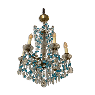 Lustre à pampilles bleues en cristal, 6 feux, Baccarat, 1950, style art nouveau