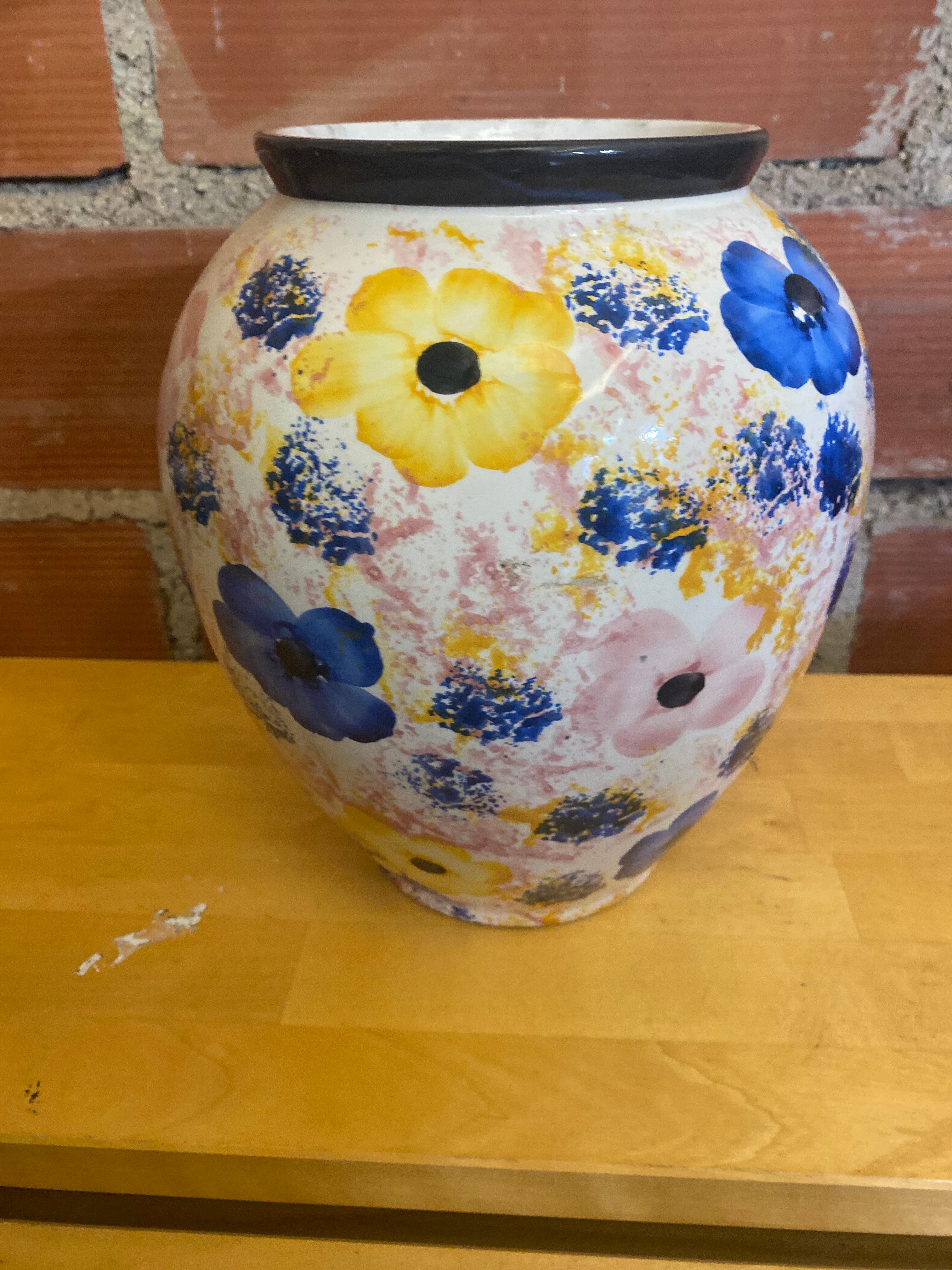 Vintage White Ceramic Round Vase with Polychrome Flower Decoration #D