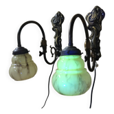Set (2x) antique Art Nouveau uranium glass wall lamps