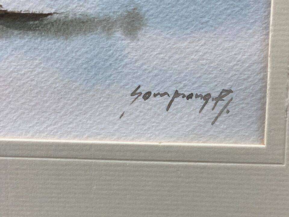 Tableau aquarelle signée au paysage de bord de mer aux mouettes