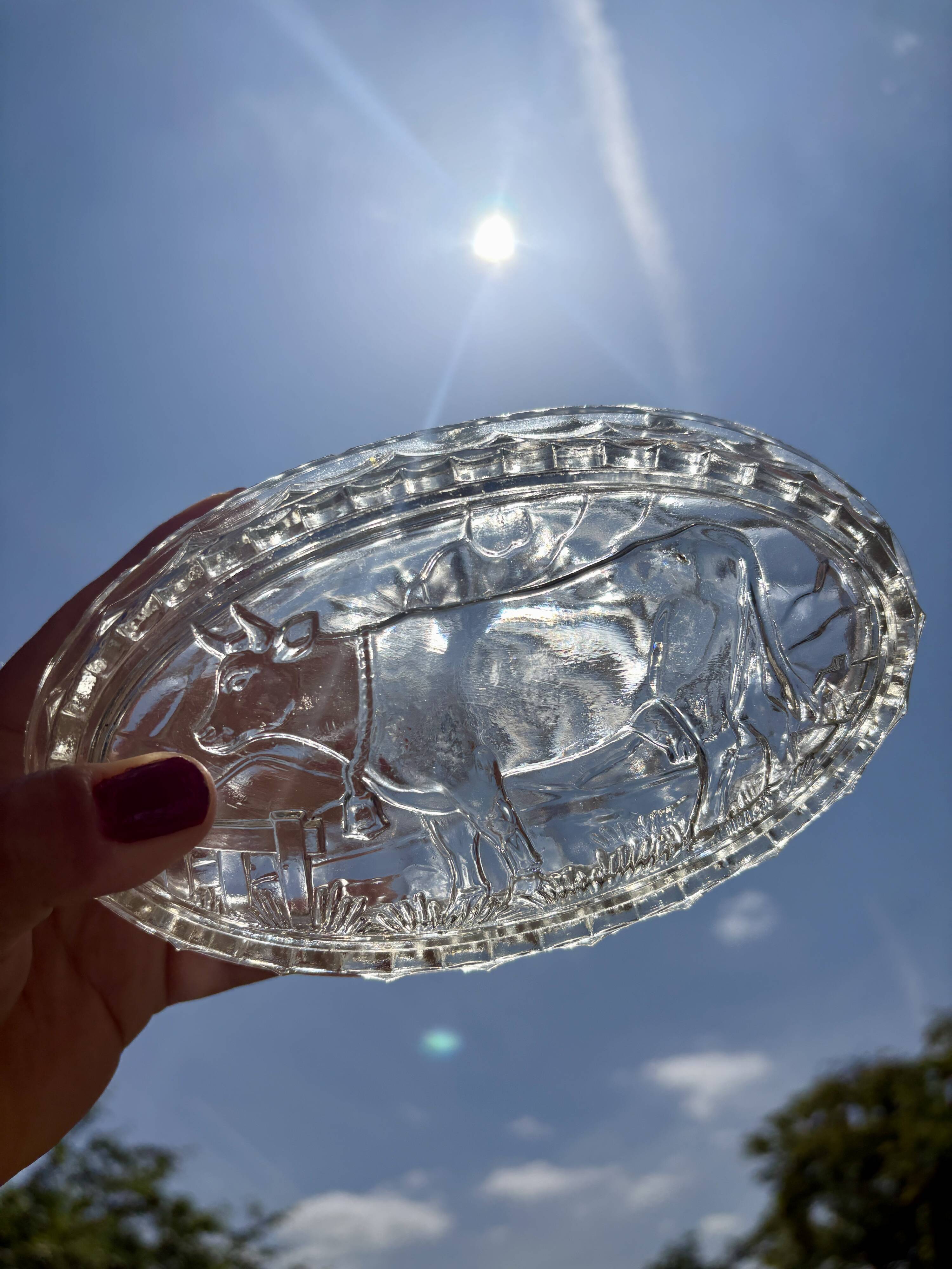 Vintage glass butter dish with cow decorations