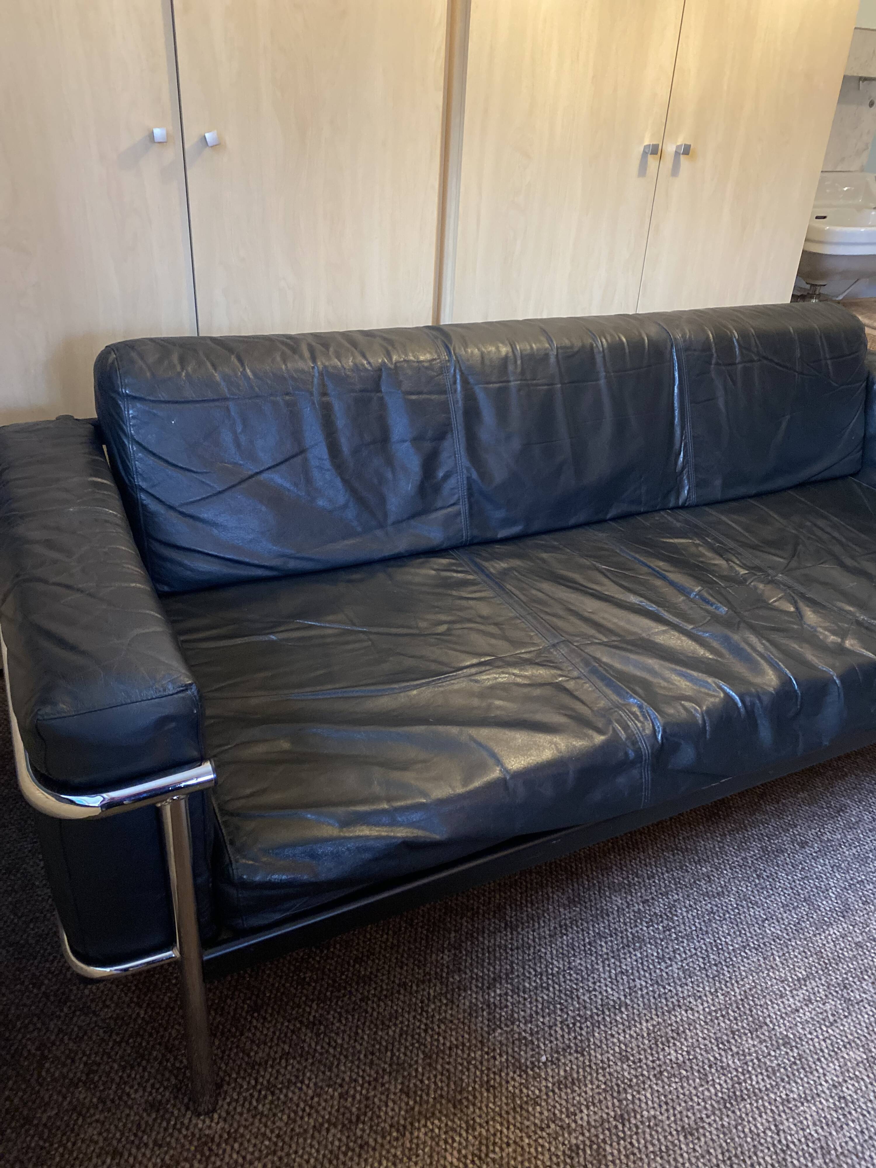 Vintage Black Leather and Chrome Sofa