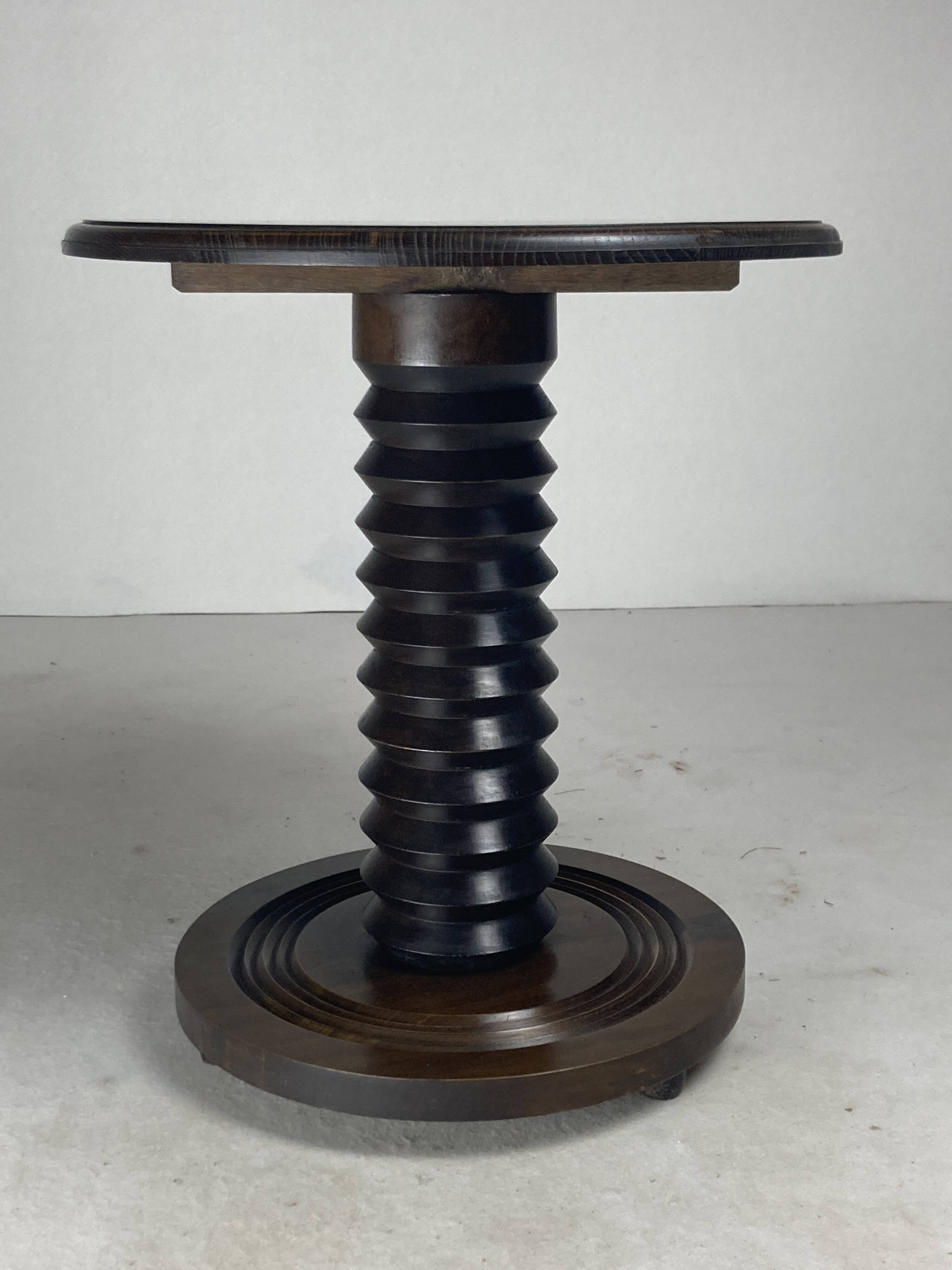 French brutalist wood turned side table in the style of Charles Dudouyt