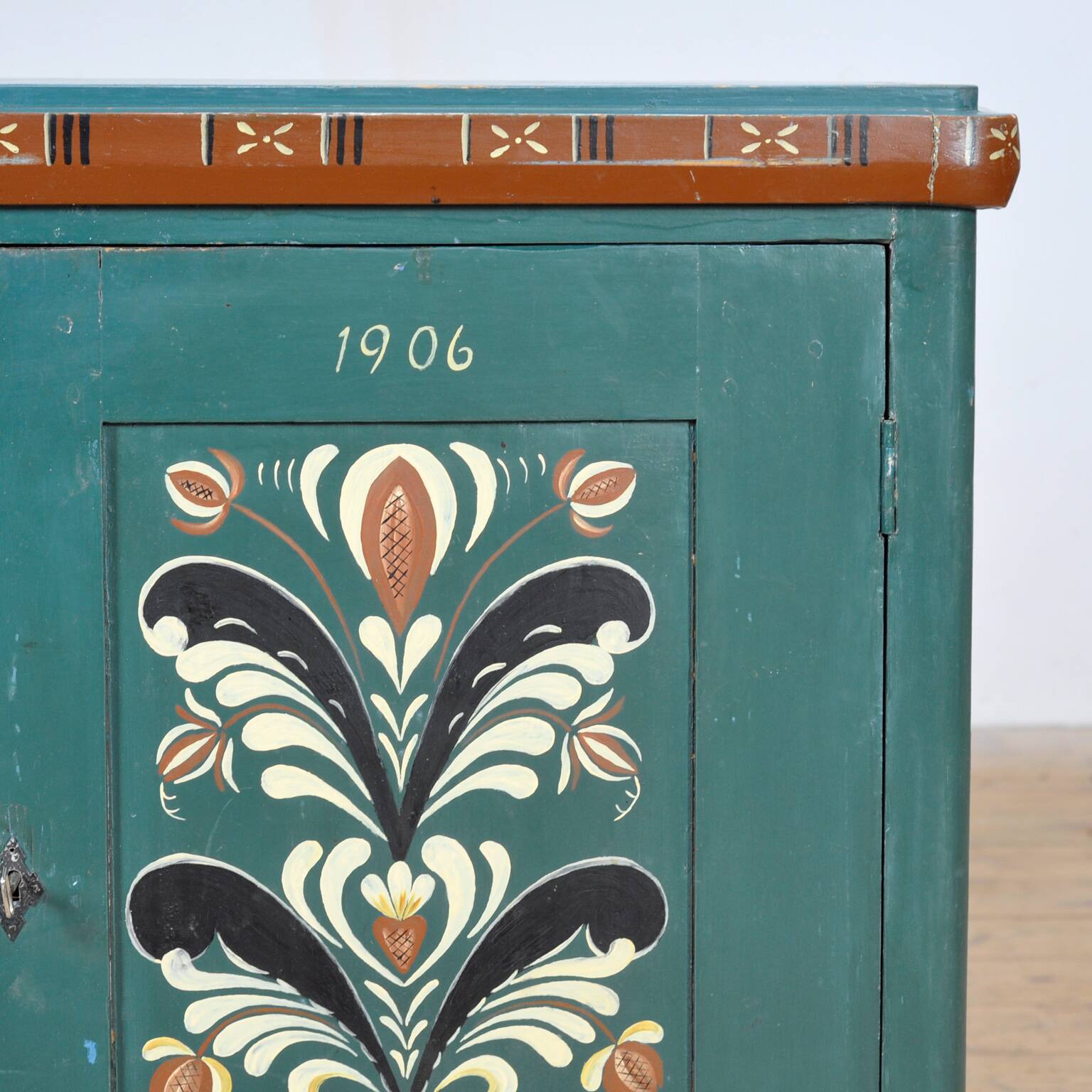 Original antique Swedish cabinet with blue-green folk style painting, dated 1906