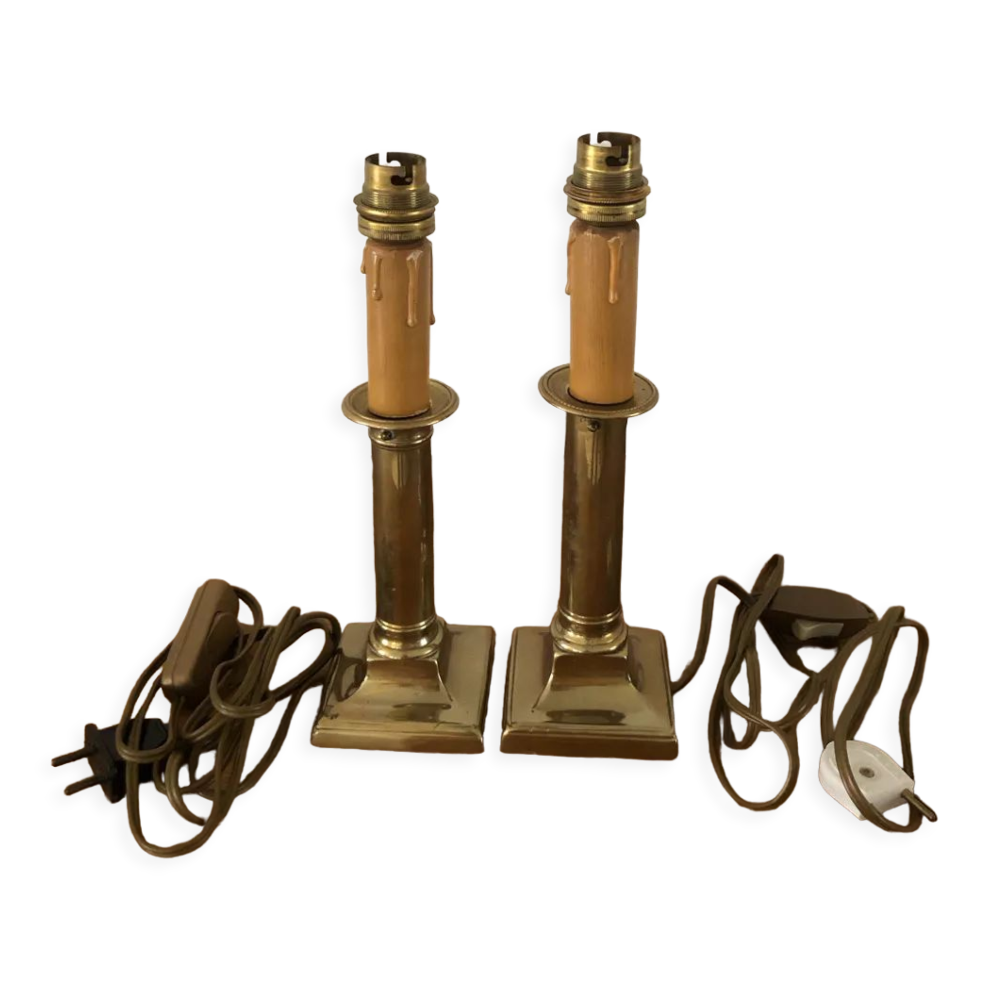 2 old brass candlestick lamp bases