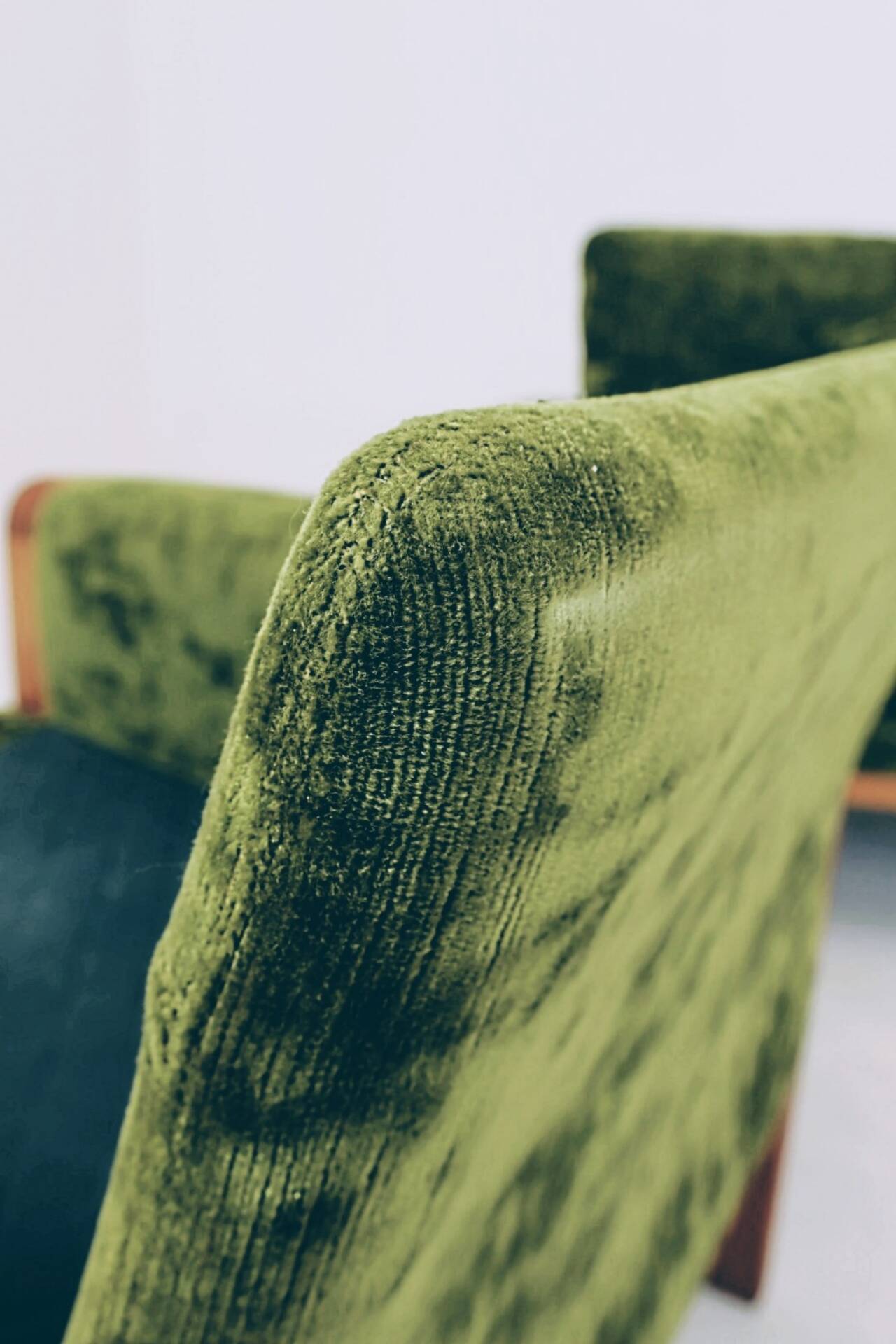 Vintage set sofa and armchairs deep olive velvet design by Knut Seater