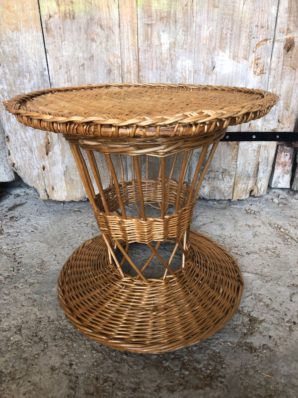 Table basse diabolo en osier tressé vintage #a040