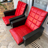 Pair of vintage armchairs in red and black Skai
